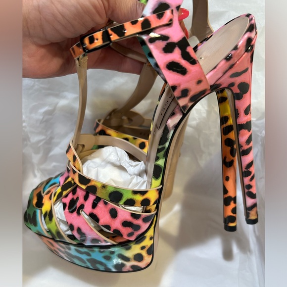 NEW CASADEI FLORA Leopard Colorful Patent Leather Platform Sandal Heels EU 38.5 - Picture 11 of 13